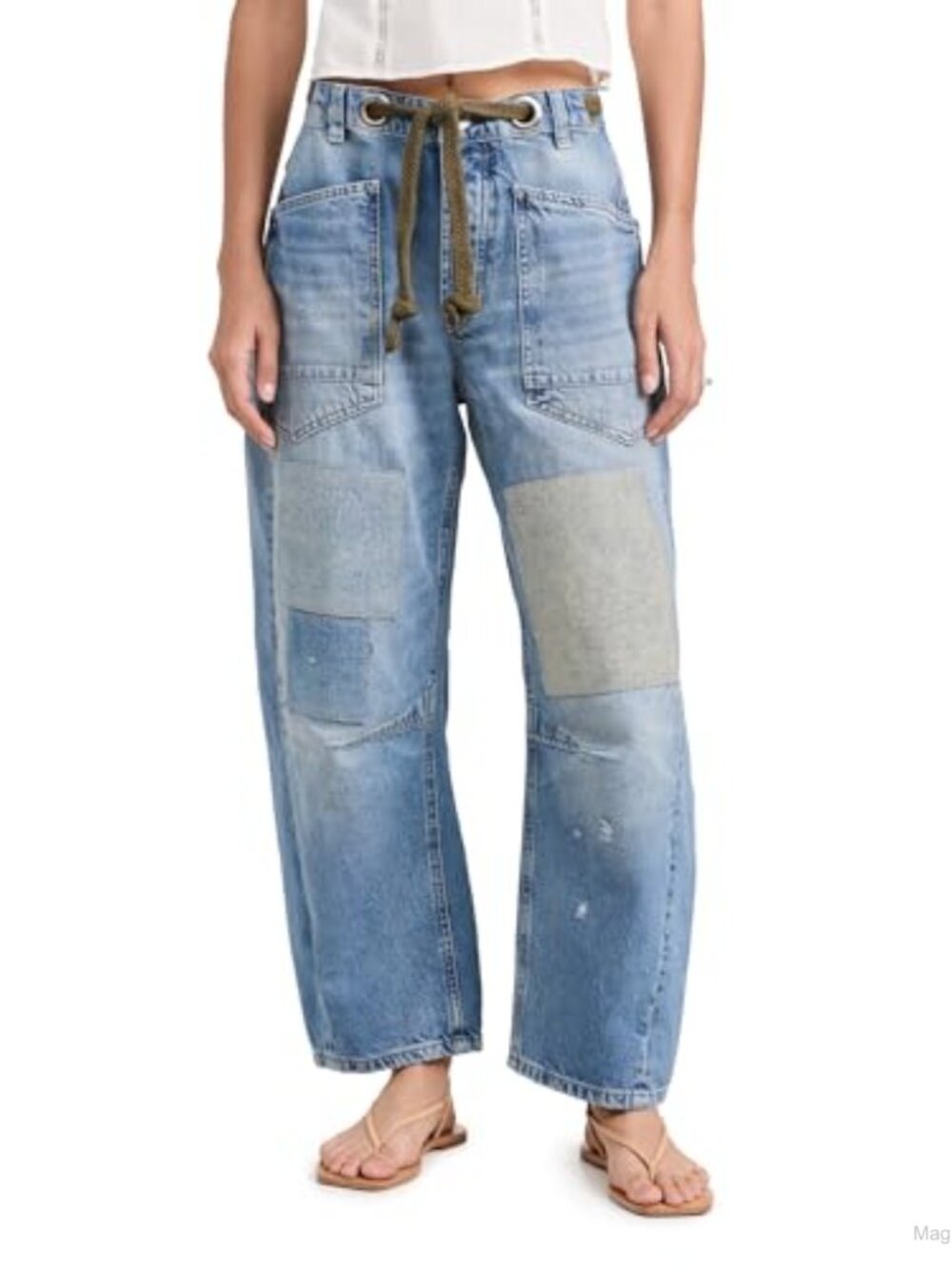 Woven Blue Denim Barrel Jeans 100% Cotton Mid Rise Slouchy Tapered Relaxed Fit